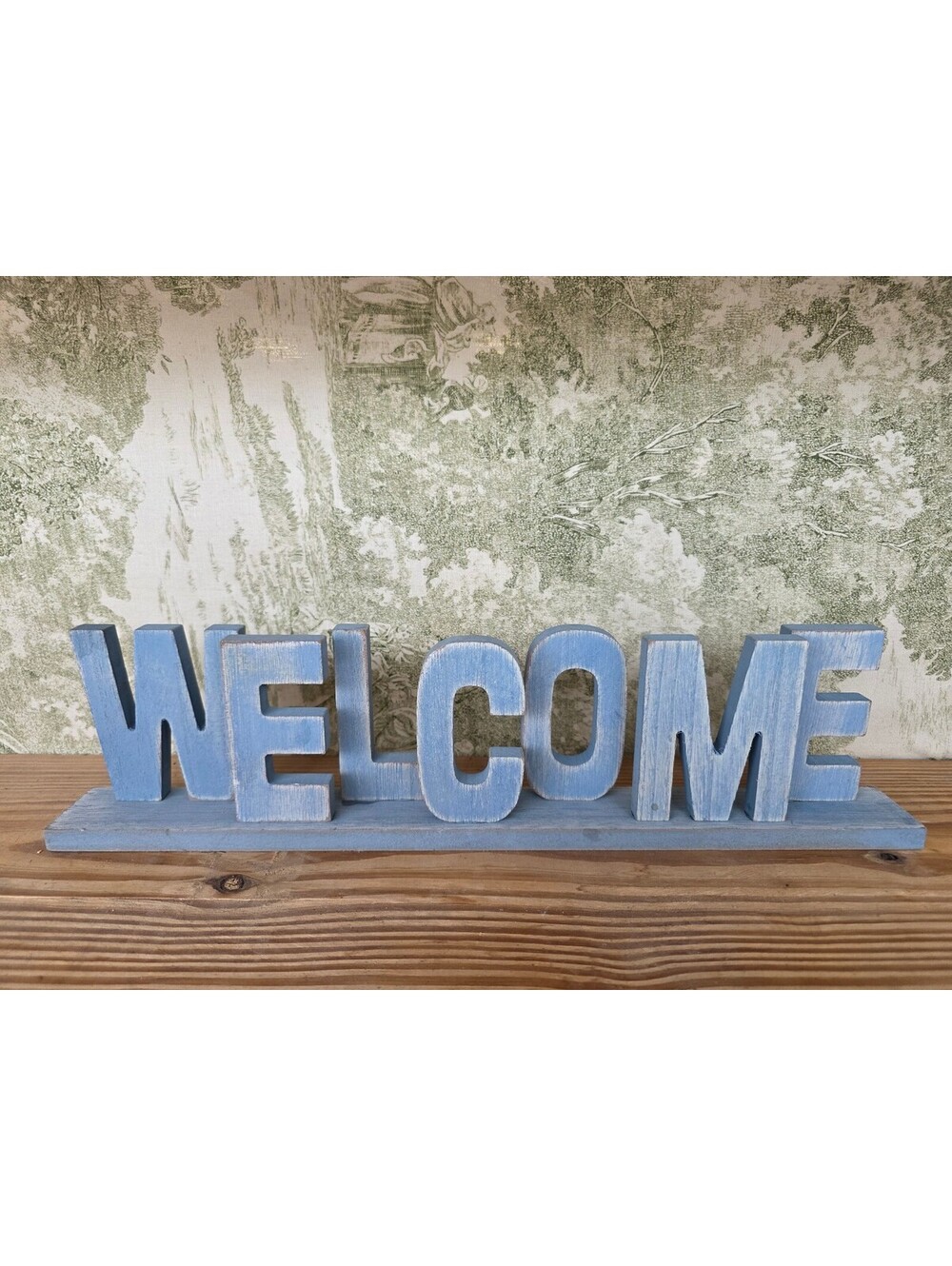 Distressed Blue Wooden "WELCOME" Tabletop Sign for Home Descor